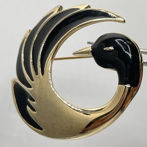 Vintage Gold Tone Black Enamel Pin Swan Bird Brooch Pin Fashion Statement 1980's